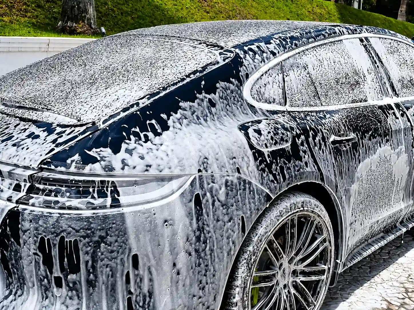 Carro com espuma ativa durante a lavagem técnica